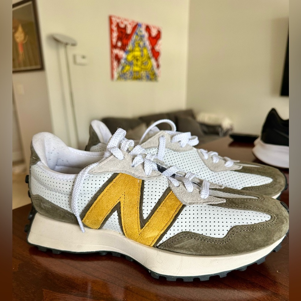 New Balance White and Gold Athletic Shoes